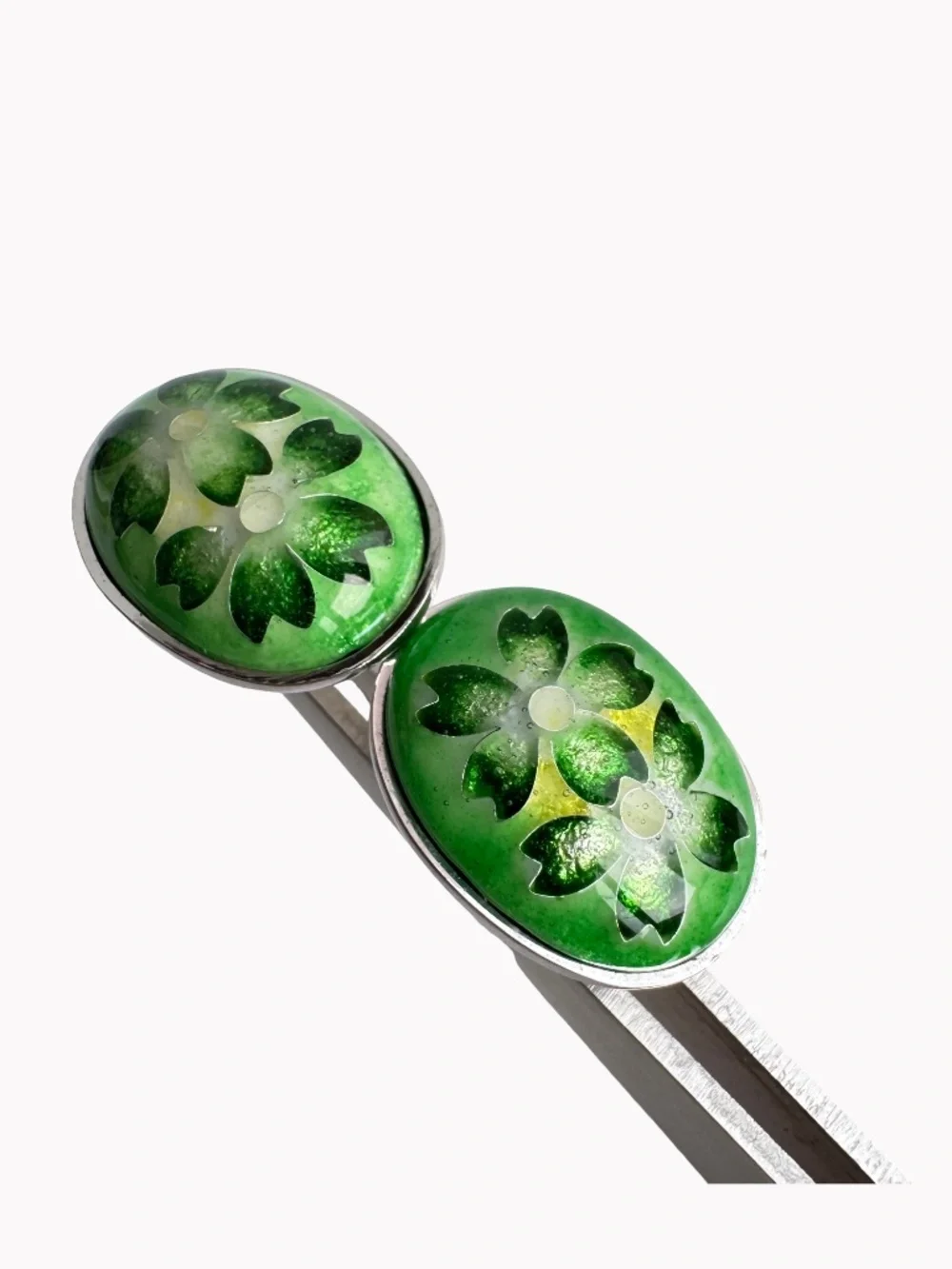 Vintage Cloisonne Enamel Cufflinks Green Floral Oval Silver Tone Mens Accessory
